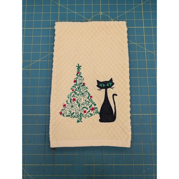 Retro Vintage Christmas Atomic Cat Mid Century Modern Kitchen Tea Towel Yellow - Picture 6 of 7